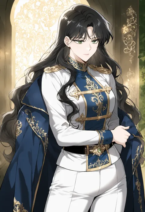 masterpiece, best quality, very detailed, , masterpiece, best quality, eyelashes, (Beautiful Eyes), cowboy shot,, Official webtoon Illustration, Official artwork,,1woman,long black hair,green shinny eyes,jacket with ornate gold decorations on the chest,cuf...