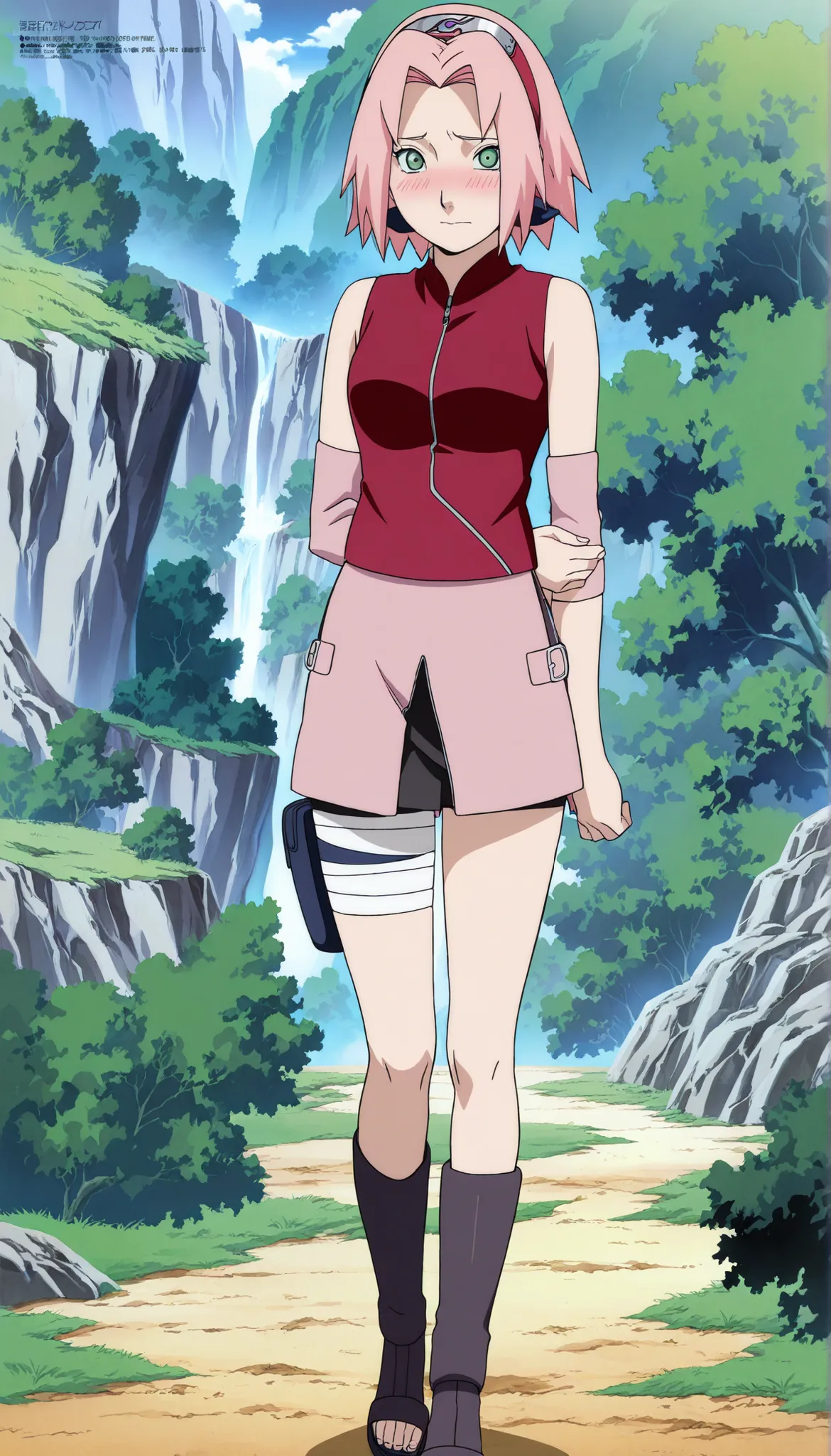 1girl,haruno sakura standing look at the viewer, BREAK pink hair, short hair, red hairband, green eyes, parted bangs, BREAK red sleeveless minidress, zipper, pink miniskirt, bandaged thigh, BREAK medium breasts, beautiful body, beautiful legs , masterpiece...