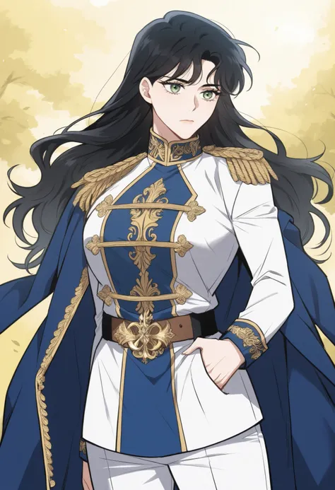 masterpiece, best quality, very detailed, , masterpiece, best quality, eyelashes, (Beautiful Eyes), cowboy shot,, Official webtoon Illustration, Official artwork,,1woman,long black hair,green shinny eyes,jacket with ornate gold decorations on the chest,cuf...