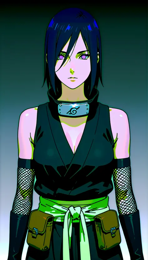 (((IZUMI NASE)))) walking confidently through a war field. The art style should closely match that of Naruto or similar shounen anime, with clean linework and soft shading. ((Solo)) full-body portrait of a calm and elegant kunoichi, standing in a neutral p...