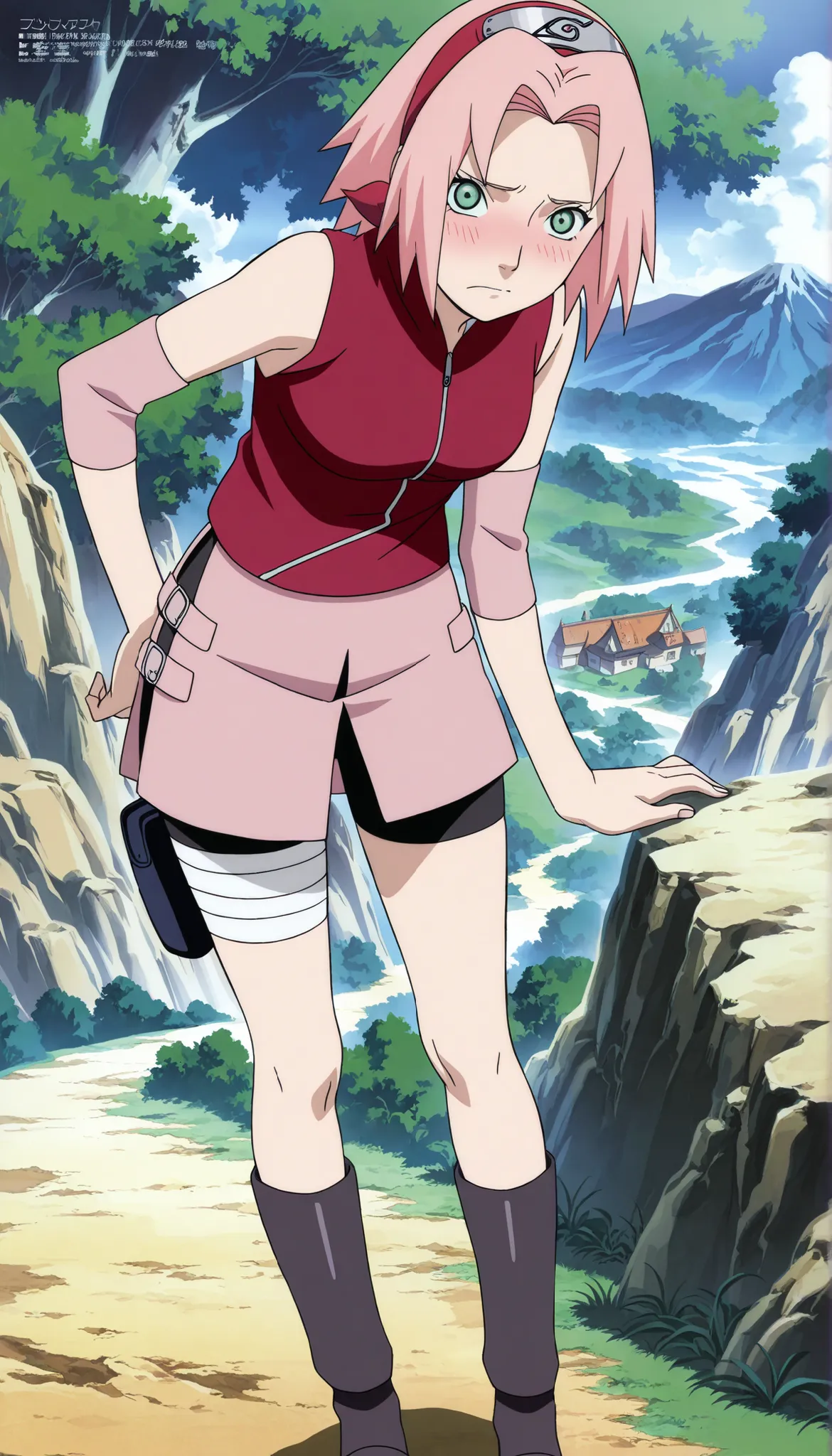 1girl,haruno sakura standing look at the viewer, BREAK pink hair, short hair, red hairband, green eyes, parted bangs, BREAK red sleeveless minidress, zipper, pink miniskirt, bandaged thigh, BREAK medium breasts, beautiful body, beautiful legs , masterpiece...