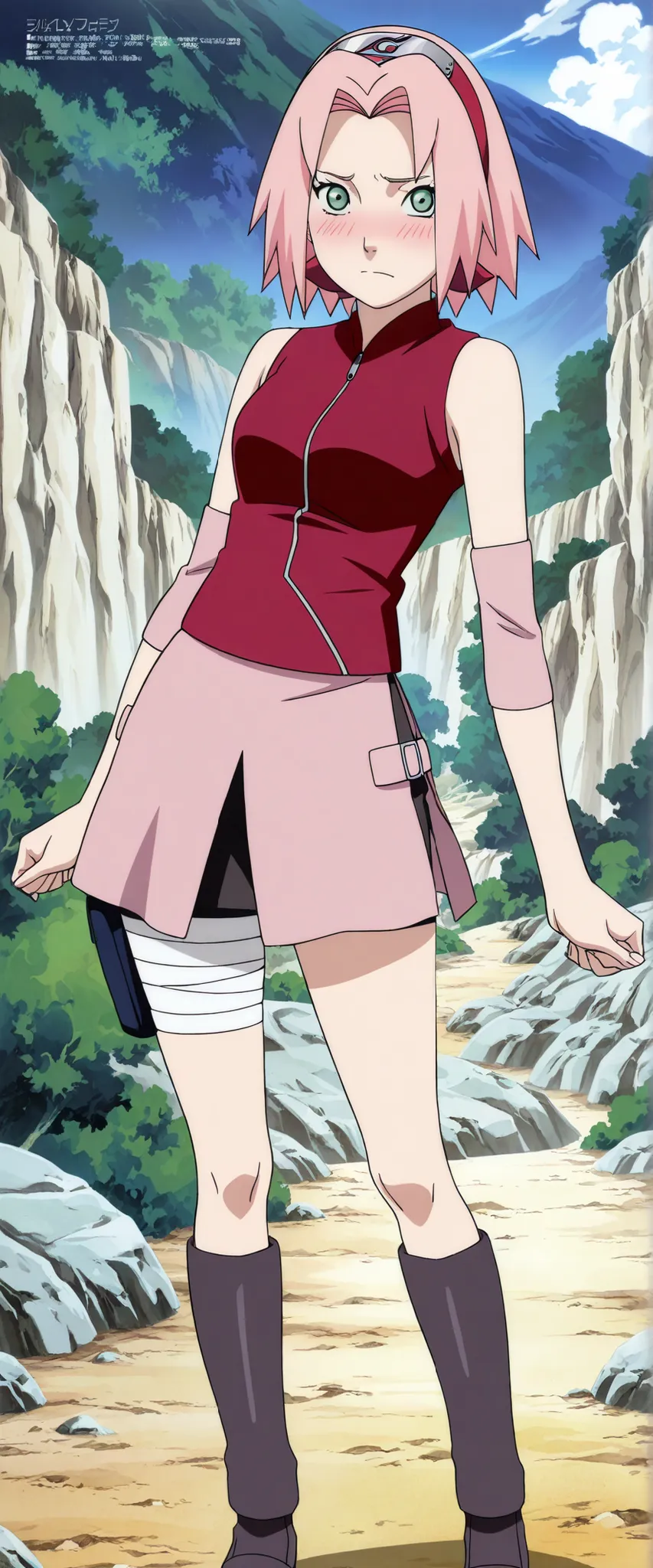 1girl,haruno sakura standing look at the viewer, BREAK pink hair, short hair, red hairband, green eyes, parted bangs, BREAK red sleeveless minidress, zipper, pink miniskirt, bandaged thigh, BREAK medium breasts, beautiful body, beautiful legs , masterpiece...