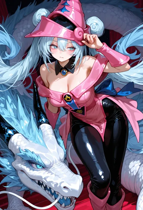 Nice human girl magician, intense lightblue eyes, very long long long black twintails hair , rides a Fierce Big pink ancient Dragon in background.