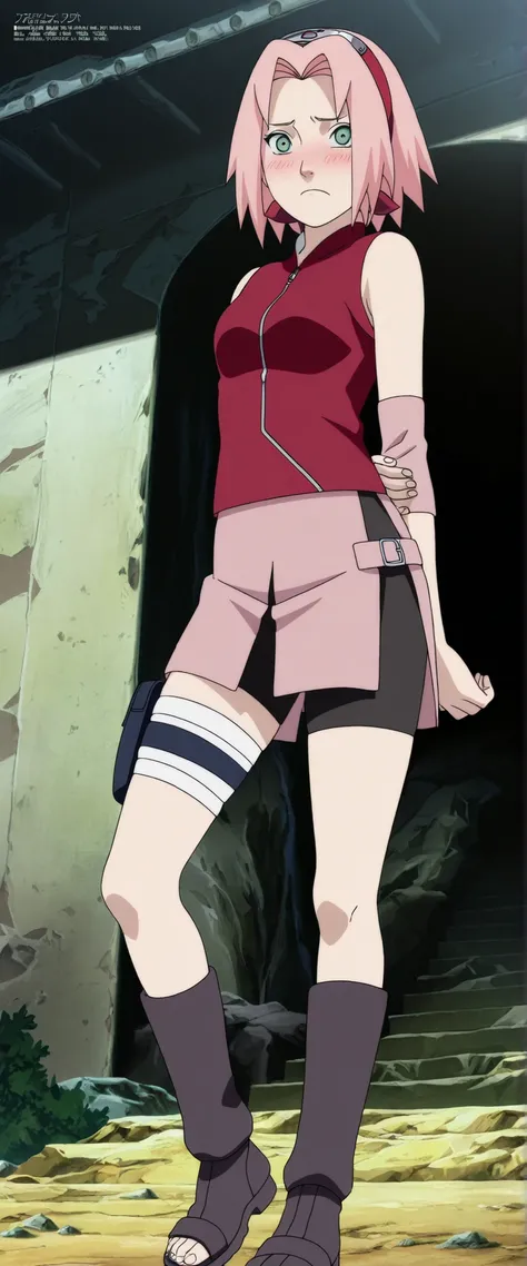 1girl,haruno sakura standing look at the viewer, BREAK pink hair, short hair, red hairband, green eyes, parted bangs, BREAK red sleeveless minidress, zipper, pink miniskirt, bandaged thigh, BREAK medium breasts, beautiful body, beautiful legs , masterpiece...