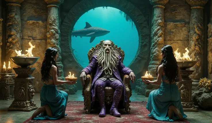An ancient throne room, with antique stone pillars, einem Marmourboden, fire bowls on ancient wooden stands, a greyish Cthulhu sits on a golden throne with marine animal engravings, he wears a purple dressing gown with white mythical embroidery on the Edge...
