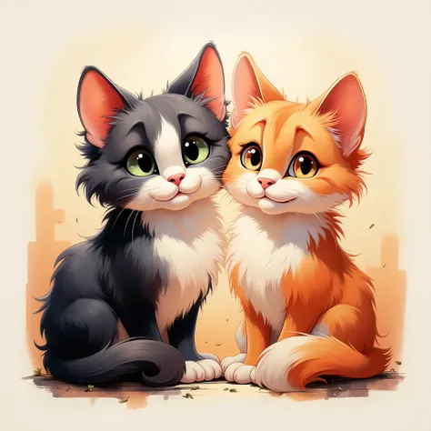 ((cartoon style)), two cute cats sitting, one black and one white, large eyes, soft fur, simple background, full body, duo, symmetrical