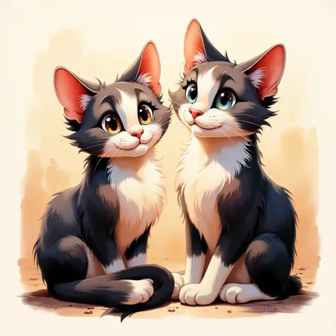 ((cartoon style)), two cute cats sitting, one black and one white, large eyes, soft fur, simple background, full body, duo, symmetrical