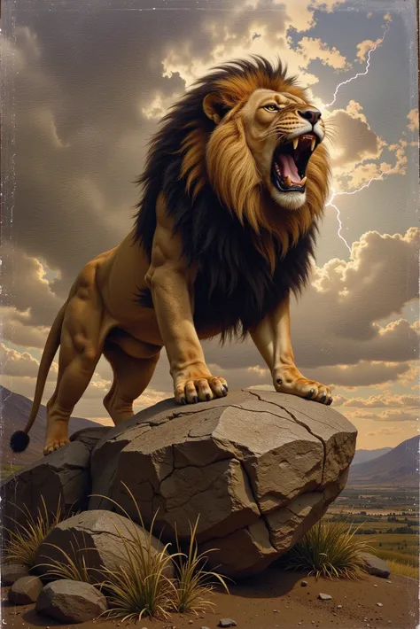 An imposing lion, representing the Nemean Lion of Greek mythology, roars mightily atop a craggy rock amidst a dramatic landscape. The sky is overcast, with thick clouds and lightning in the background, highlighting the ferocity of the creature. The lion's ...