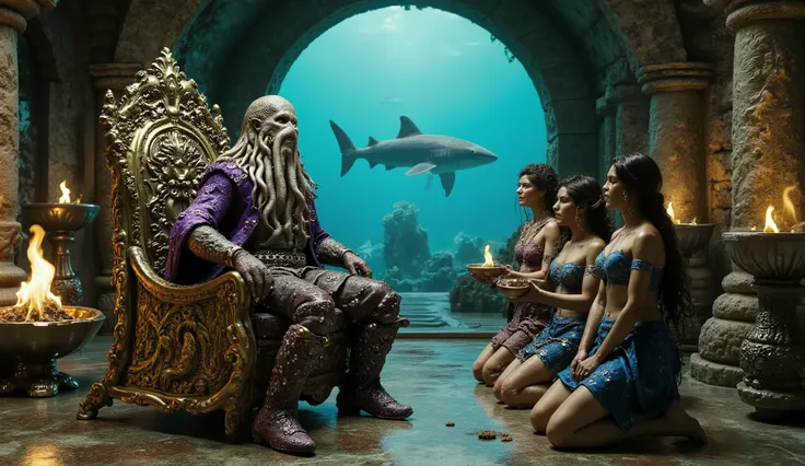 An ancient throne room, with antique stone pillars, einem Marmourboden, fire bowls on ancient wooden stands, sitting on a golden throne with marine animal engravings is a greyish man with an oblong octopus head, he is wearing a closed purple cloak with whi...