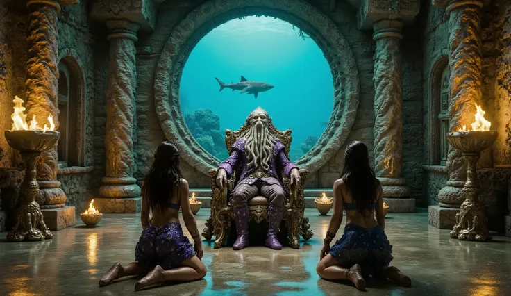 An ancient throne room, with antique stone pillars, einem Marmourboden, fire bowls on ancient wooden stands, sitting on a golden throne with marine animal engravings is a greyish man with an oblong octopus head, he is wearing a closed purple cloak with whi...