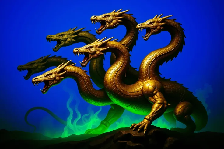 A realistically proportioned image showing only the mythical creature Hydra in side profile. The Hydra has seven serpentine heads, each posed in a menacing and anatomically detailed manner. Its skin resembles aged bronze, with sculpted muscles and scale pa...