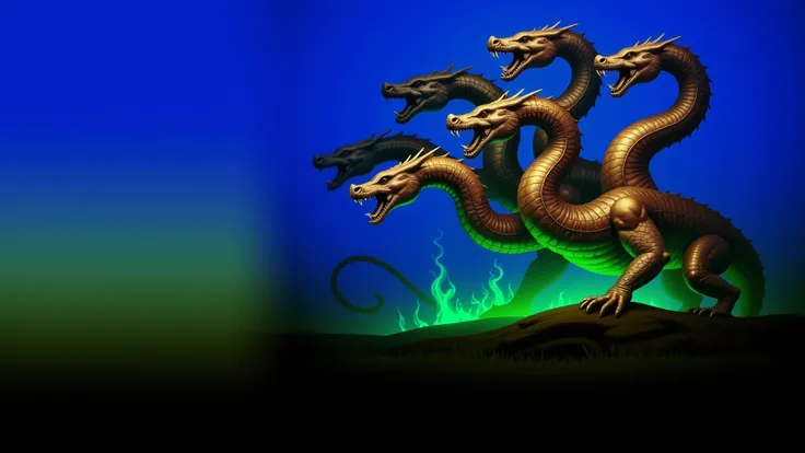 A realistically proportioned image showing only the mythical creature Hydra in side profile. The Hydra has seven serpentine heads, each posed in a menacing and anatomically detailed manner. Its skin resembles aged bronze, with sculpted muscles and scale pa...