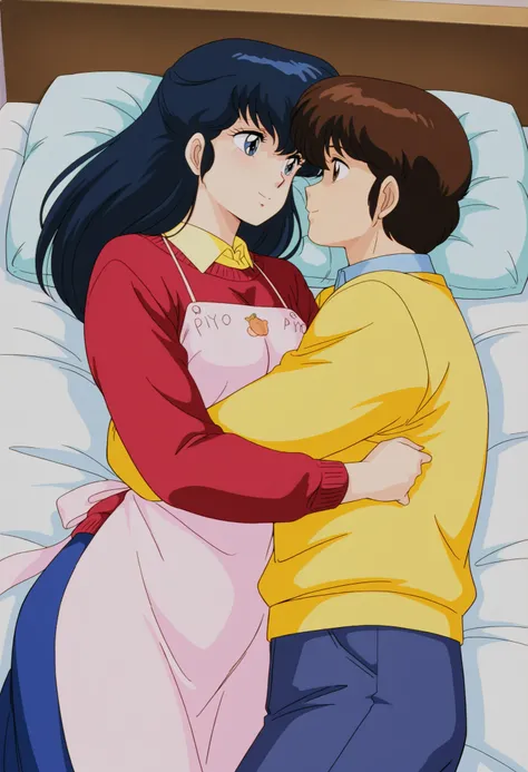 masterpiece, best quality, amazing quality, detailed background, perfect eyes, anime coloring, anime screenshot, 1980s \(style\), 1girl, , mature female, otonashi kyouko, black hair, long hair, , blue eyes, medium breasts, yellow shirt under red sweater, l...