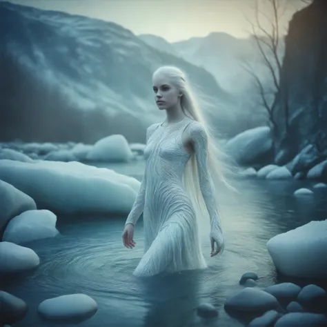a photorealistic, shot shows a beautiful, seductive-looking ethereal adult female creature bathing in ice. (((she is covered with water))) up to her nose and the water surface is just breaking through. She emerges from an icy pond strewn with ice floes. Sh...