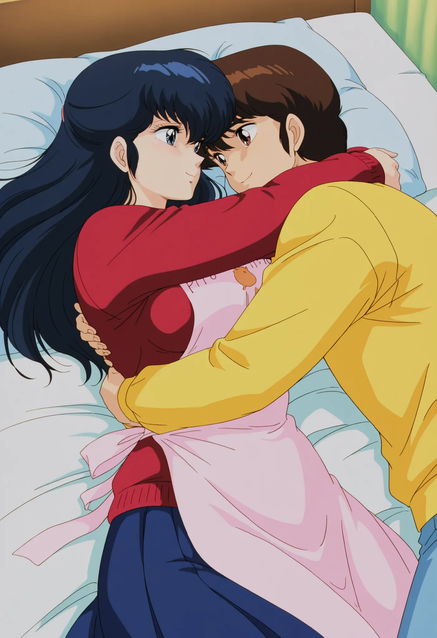 masterpiece, best quality, amazing quality, detailed background, perfect eyes, anime coloring, anime screenshot, 1980s \(style\), 1girl, , mature female, otonashi kyouko, black hair, long hair, , blue eyes, medium breasts, yellow shirt under red sweater, l...