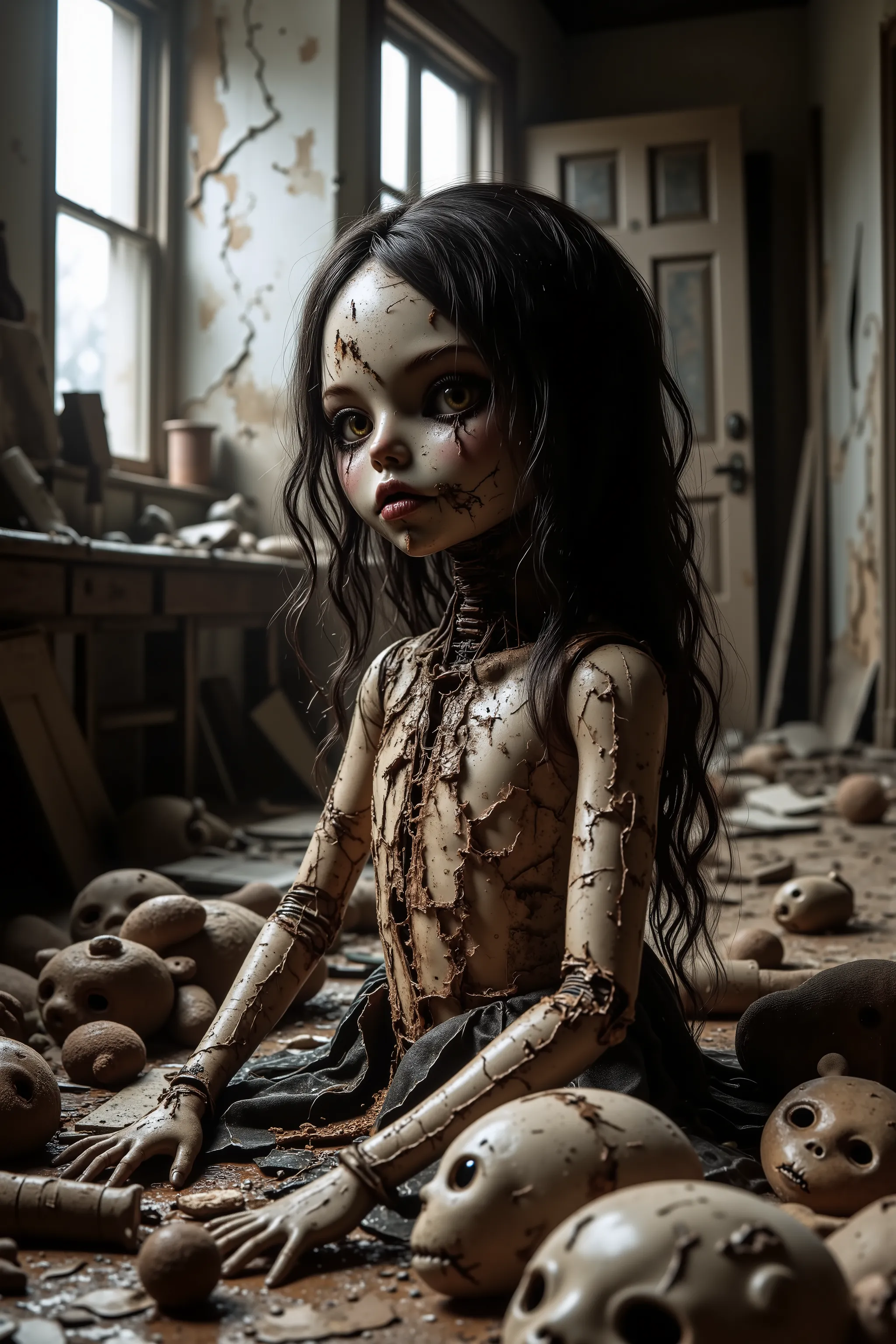 Horror, surrealism, macabre.  Lost in a sea of dispair and agony, a dirty torn up doll sits on the stained carpet in a filthy bedroom among old broken toys and walls that are crumbling and falling apart. There are random bald spots within the doll's dark g...