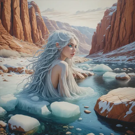 a photorealistic, dynamic shot shows a beautiful, seductive-looking ethereal adult female creature bathing in ice. (((she is covered with water))) up to her nose and the water surface is just breaking through. She emerges from an icy pond strewn with ice f...