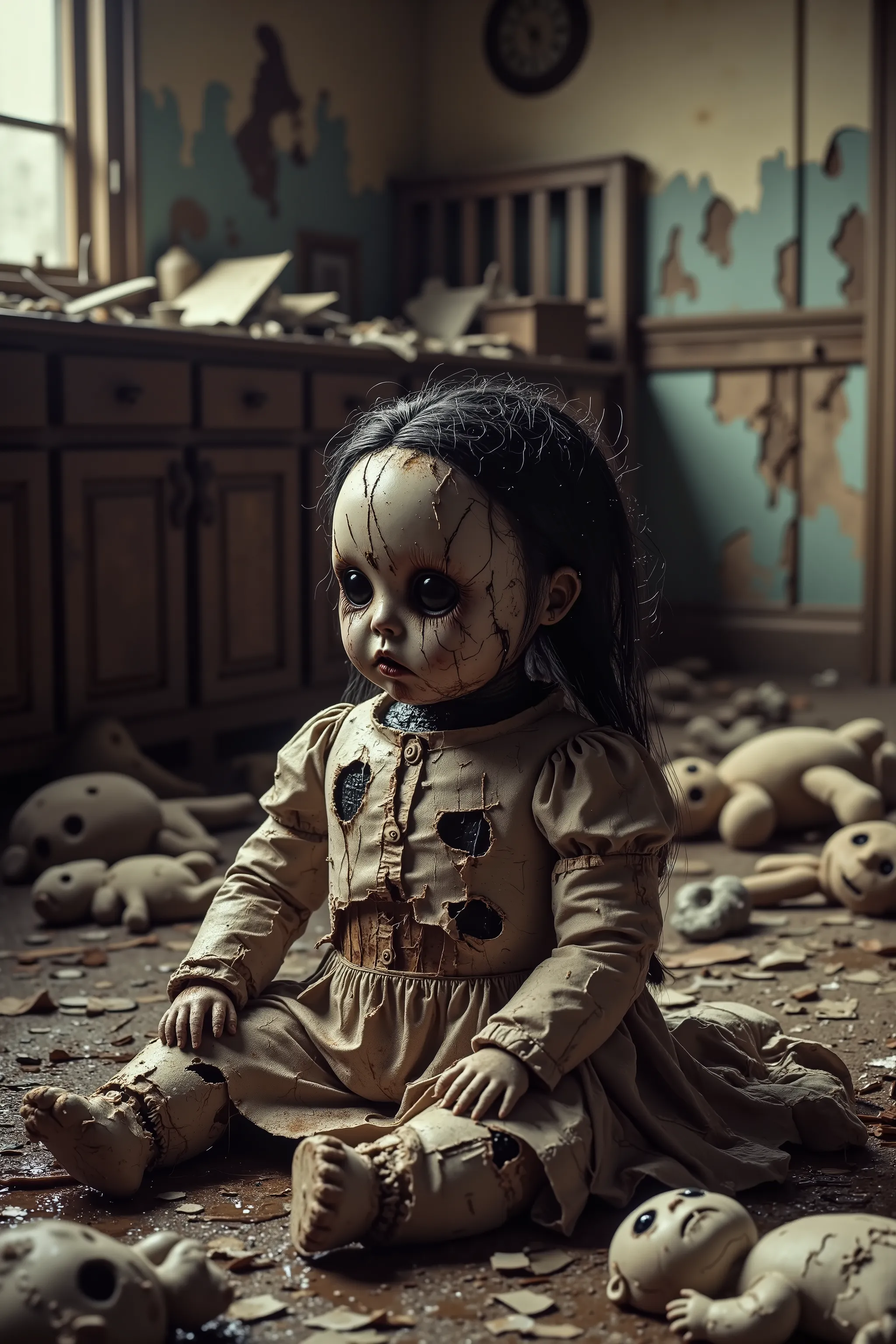 Horror, surrealism, macabre.  Lost in a sea of dispair and agony, a dirty torn up doll sits on the stained carpet in a filthy bedroom among old broken toys and walls that are crumbling and falling apart. There are random bald spots within the doll's dark g...
