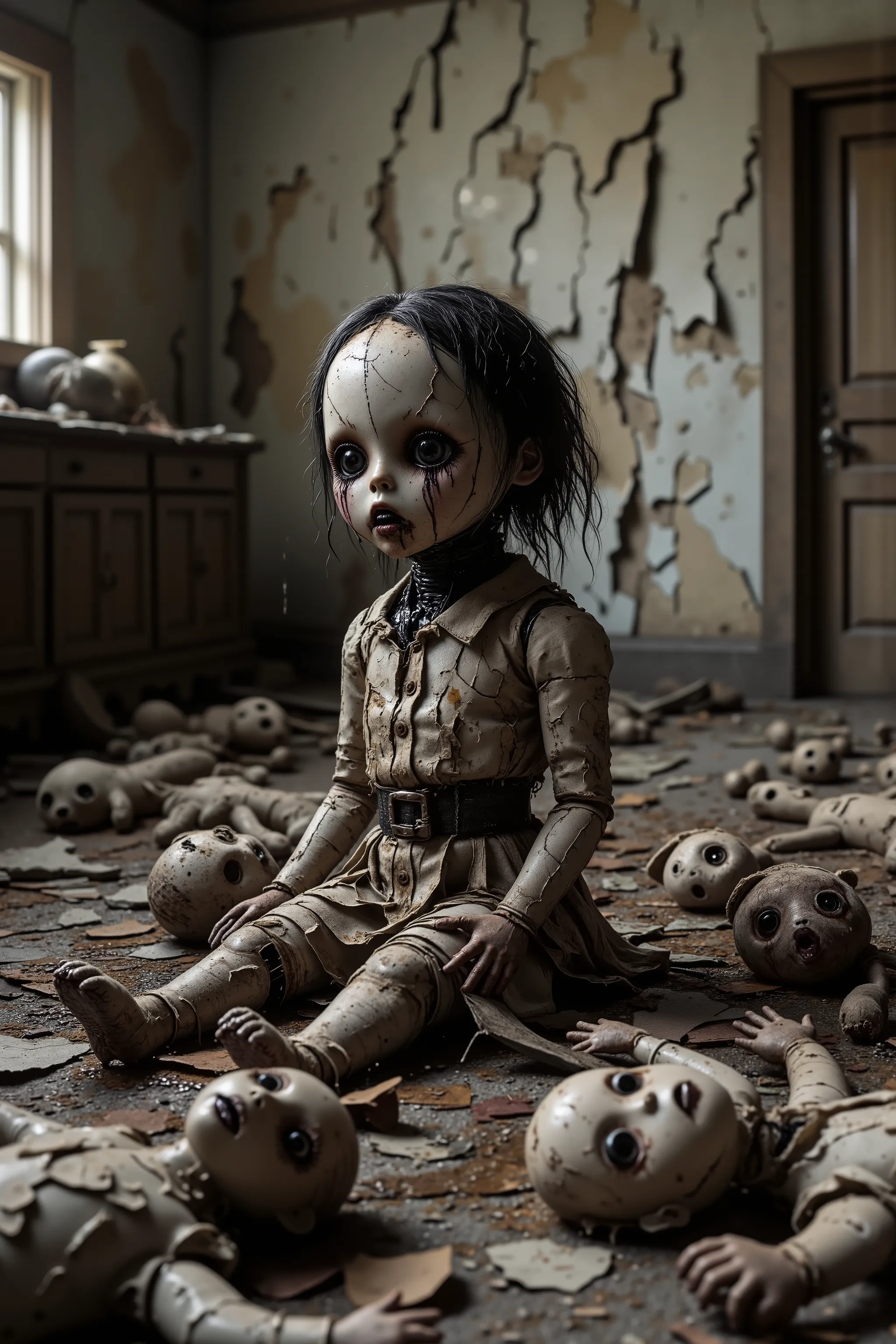 Horror, surrealism, macabre.  Lost in a sea of dispair and agony, a dirty torn up doll sits on the stained carpet in a filthy bedroom among old broken toys and walls that are crumbling and falling apart. There are random bald spots within the doll's dark g...