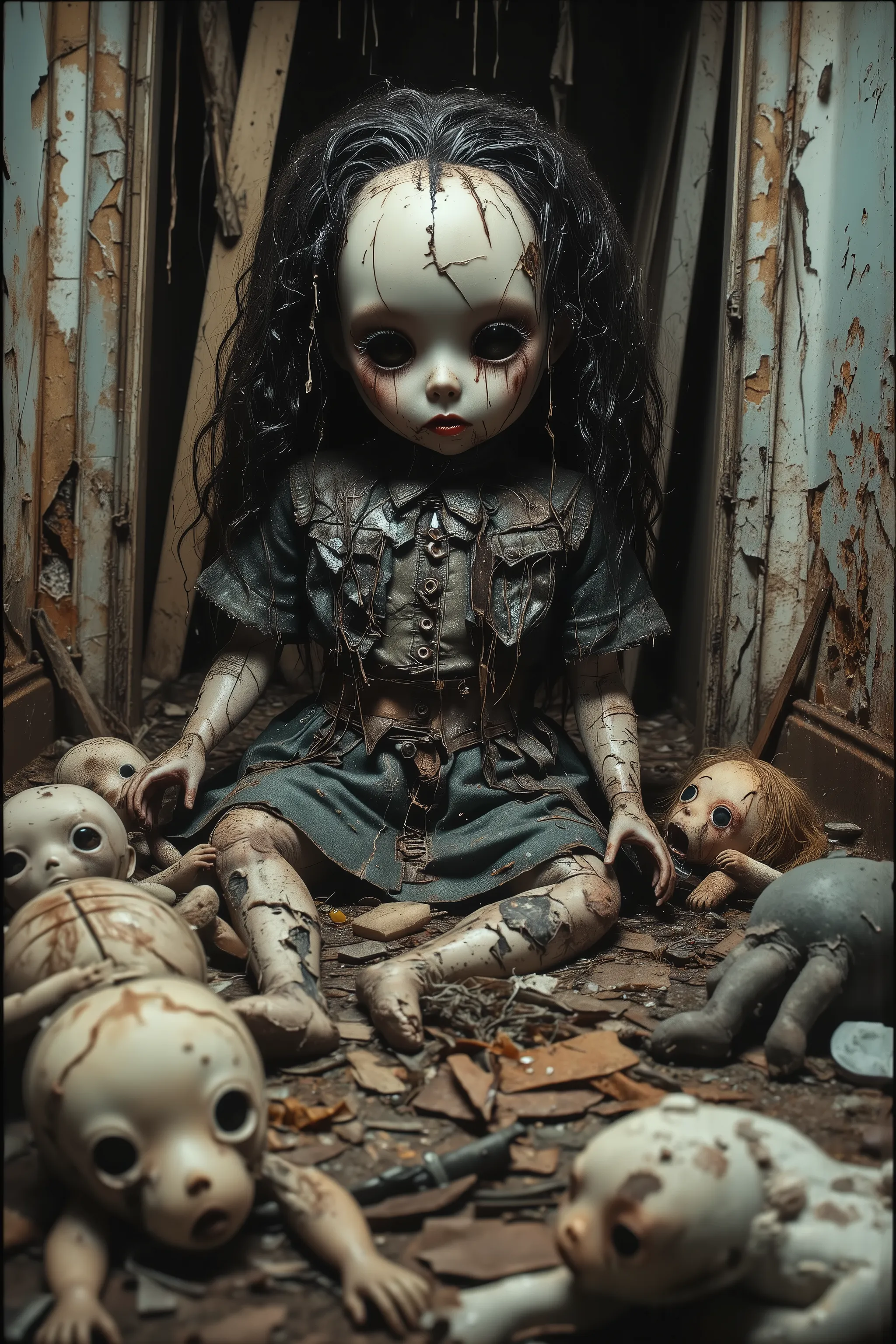 Horror, surrealism, macabre.  Lost in a sea of dispair and agony, a dirty torn up doll sits on the stained carpet in a filthy bedroom among old broken toys and walls that are crumbling and falling apart. There are random bald spots within the doll's dark g...