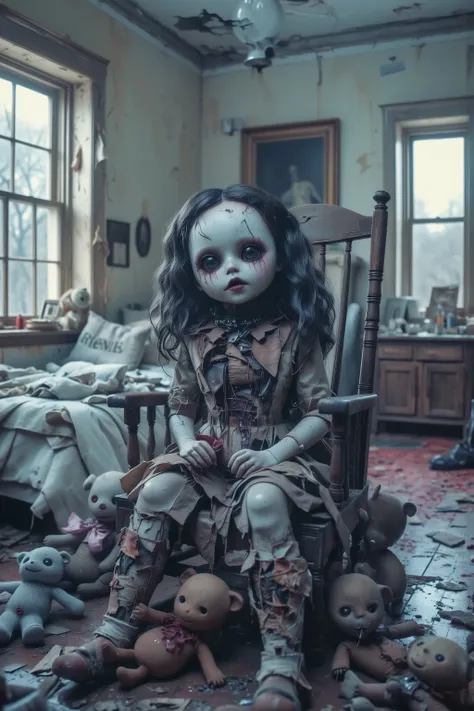 Horror, surrealism, macabre.  Lost in a sea of dispair and agony, a dirty torn up doll sits on a rocking chair in a filthy bedroom among old broken toys and walls that are crumbling and falling apart. There are random bald spots within the doll's dark grea...
