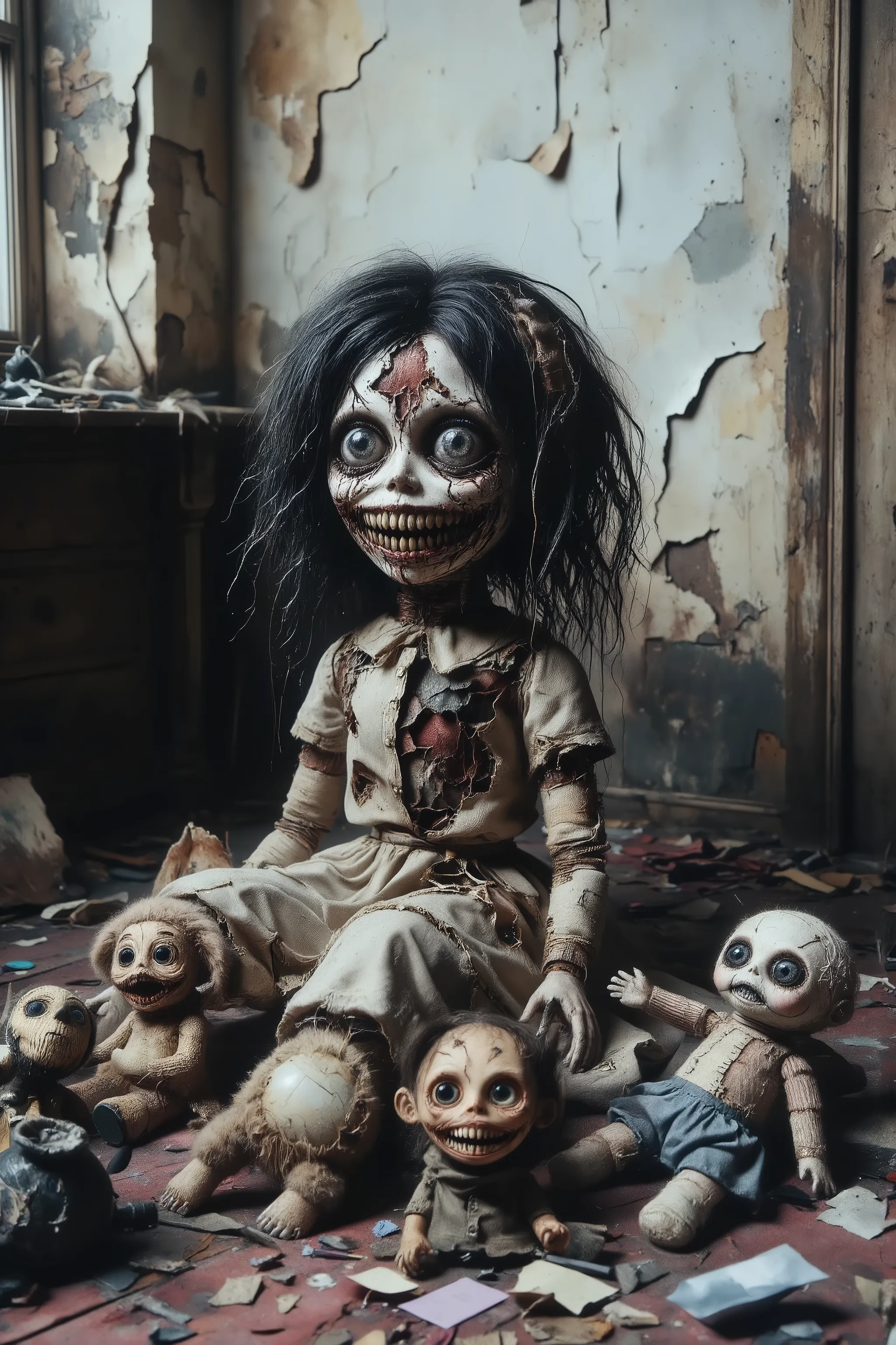 A dirty torn up doll sits on the stained carpet in a filthy bedroom among old broken toys and walls that are crumbling and falling apart. There are random bald spots within the doll's dark greasy head of hair, and he is even coming apart at the seams. He s...