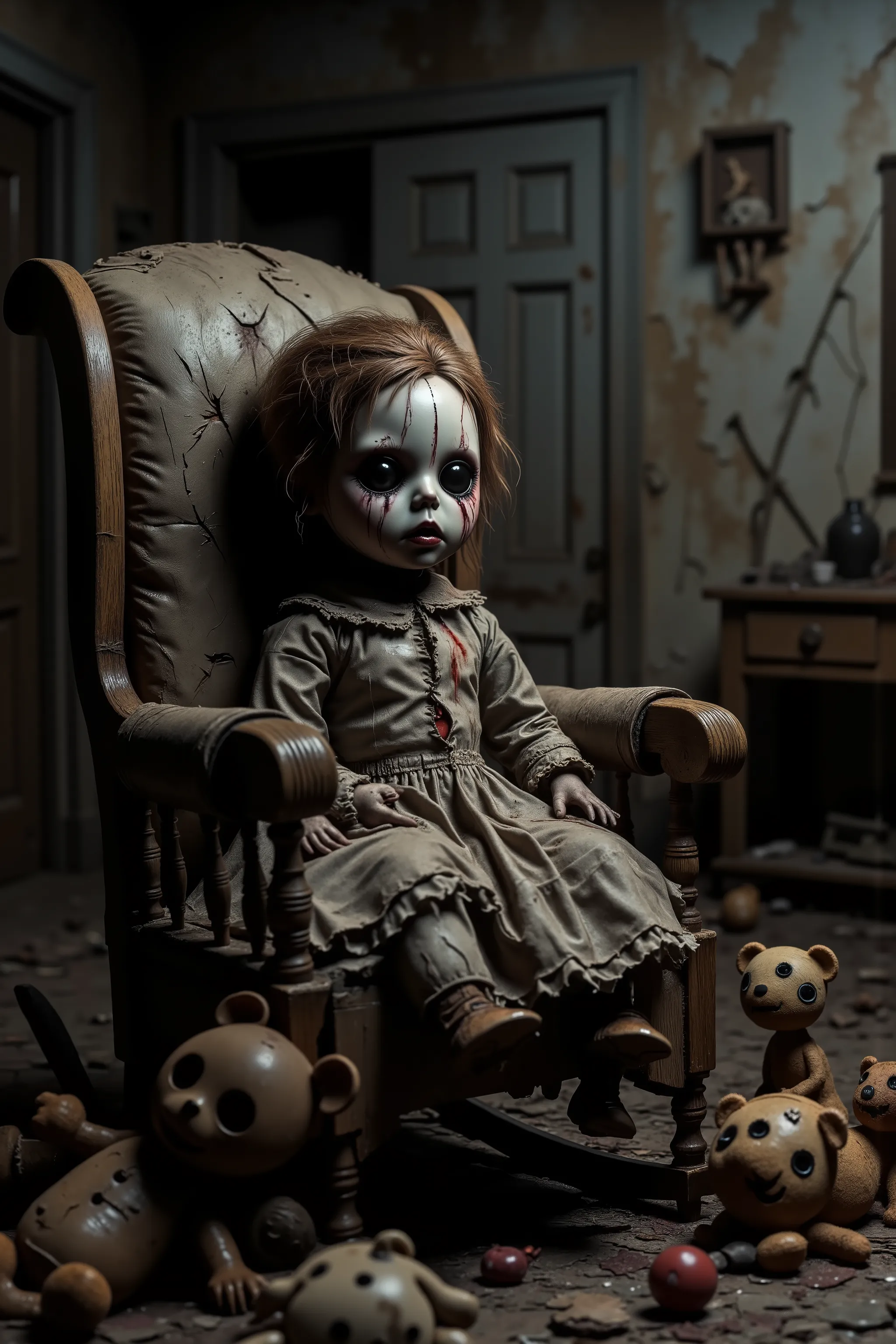 Lost in a sea of dispair and agony, a dirty torn up doll sits on a rocking chair in a filthy bedroom among old broken toys and walls that are crumbling and falling apart. There are random bald spots within the doll's dark greasy head of hair and he is even...