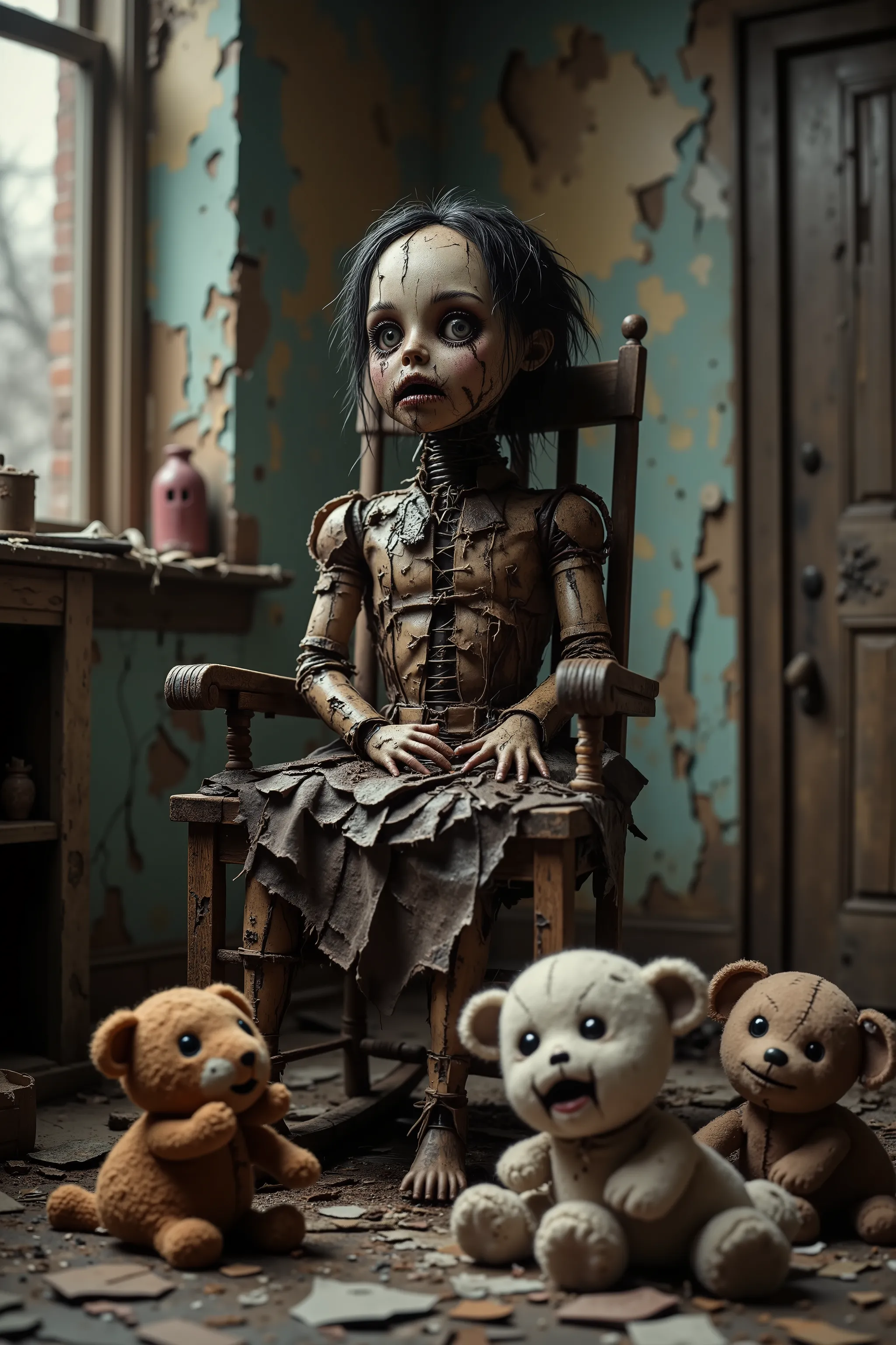 Lost in a sea of dispair and agony, a dirty torn up doll sits on a rocking chair in a filthy bedroom among old broken toys and walls that are crumbling and falling apart. There are random bald spots within the doll's dark greasy head of hair, and he is eve...