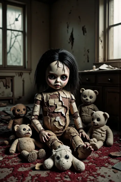 A dirty torn up doll sits on the stained carpet in a filthy bedroom among old broken toys and walls that are crumbling and falling apart. There are random bald spots within the doll's dark greasy head of hair, and he is even coming apart at the seams. He s...