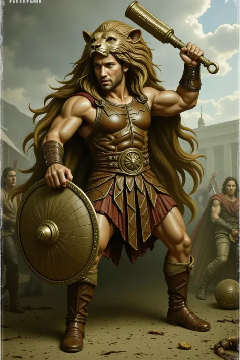 Hercules in full-body battle pose, wearing a leather armor sculpted to his muscular form and a lion helmet roaring with heroic ferocity, standing ready with clenched fists and fearless eyes amidst a dramatic battlefield setting.