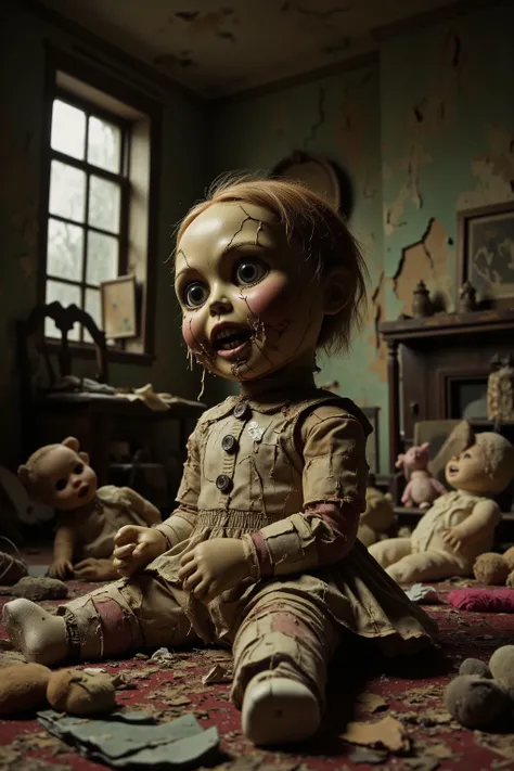 A dirty torn up doll sits on the stained carpet in a filthy bedroom among old broken toys and walls that are crumbling and falling apart. There are random bald spots within the doll's dark greasy head of hair, and he is even coming apart at the seams. He s...