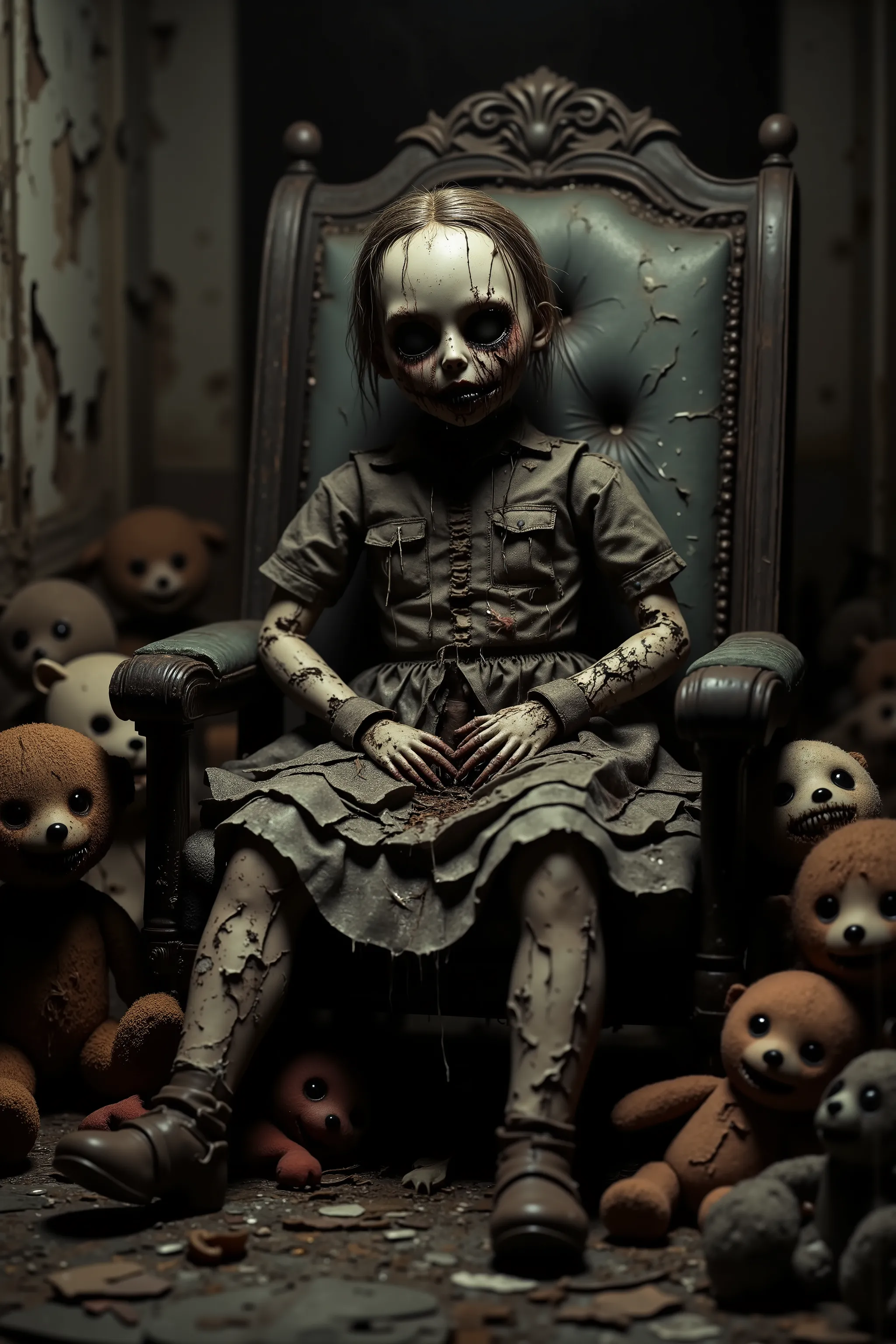 Lost in a sea of dispair and agony, a dirty torn up doll sits on a rocking chair in a filthy bedroom among old broken toys and walls that are crumbling and falling apart. There are random bald spots within the doll's dark greasy head of hair and he is even...