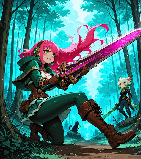 a cartoon of a girl with pink hair and green eyes holding a sword, forest hunter lady, dishonest anime girl, Hold the sword in the forest , female forest archer , punk da floresta, alma da floresta, Oc , com machado, Annie do League of Legends, anime lush...