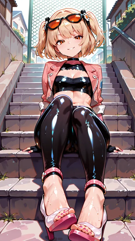 masterpiece, burnice, orange eyes, blonde hair, short hair, two side up, hair ornament, 
sitting on stairs, seductive pose, choker,
close-up of feet, foot focus, perfect feet, feet, toes,
heels, white footwear, high heels, sweaty, black latex leggings,  pi...