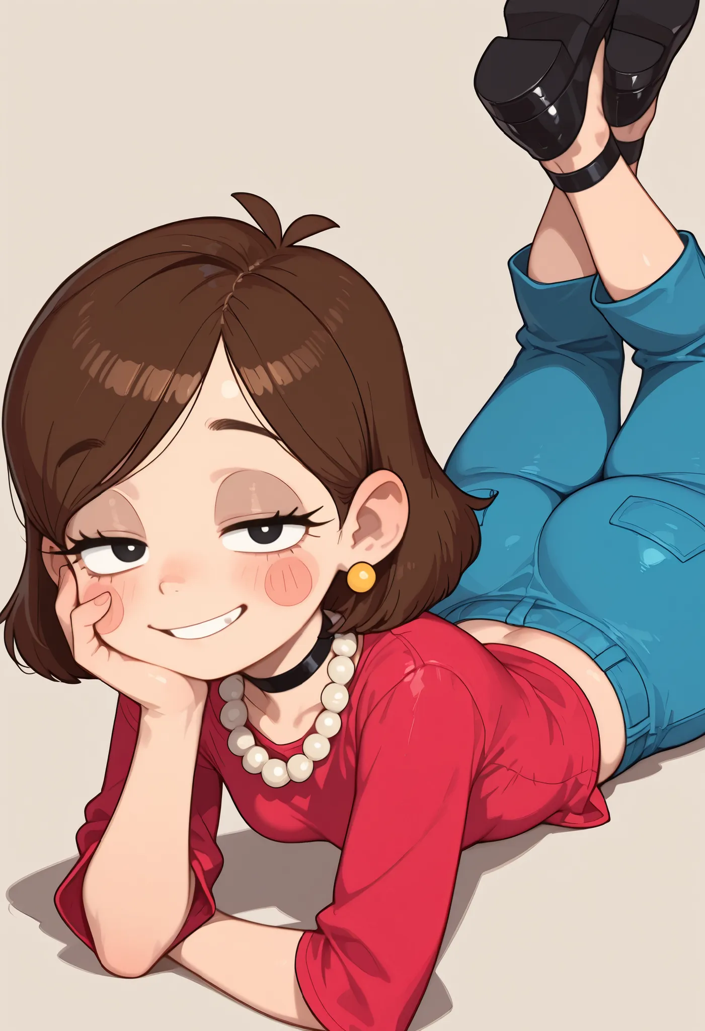 Mabel Pines, blush stickers, brown hair. black eyes. half-closed eyes, small breasts, huge hips. long eyelashes, choker. | red shirt, solo, short hair, jewelry, earrings,blue capri pants, black footwear, pearl necklace, smile, looking at viewer, hand on f...