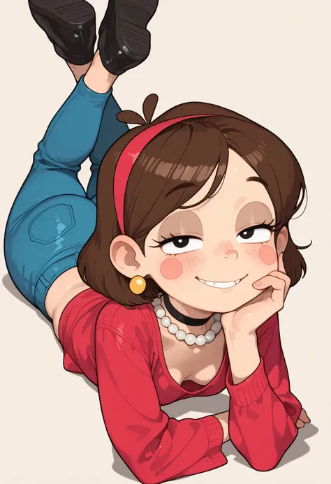 Mabel Pines, blush stickers, brown hair. black eyes. half-closed eyes, small breasts, huge hips. long eyelashes, choker. | red shirt, solo, short hair, jewelry, earrings,blue capri pants, black footwear, pearl necklace, smile, looking at viewer, hand on f...