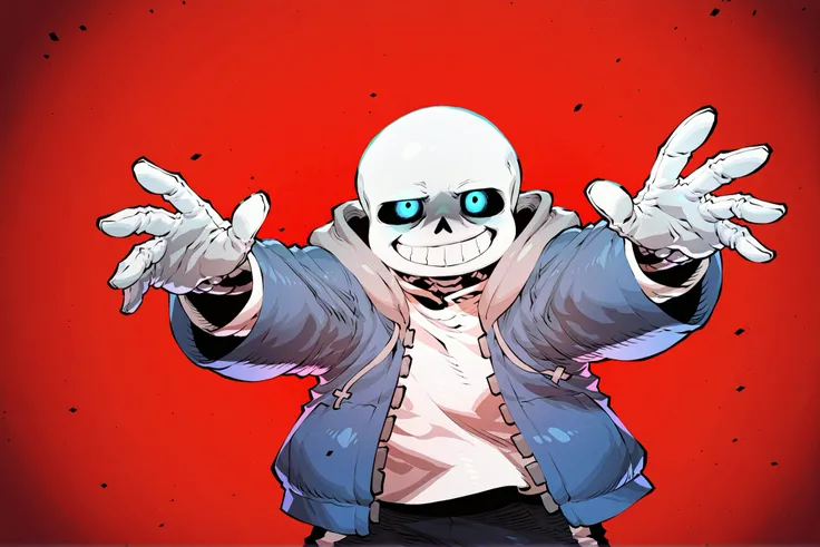 sans \(undertale\),,expressive shiny blue eyes,flat simple red background,8k,maximum quality,very high resolution, absurd resolution,addmicrodetails,right hand stretched out to catch the viewer,bored expression,ssambatea artstyle,smile,standing to fight,wi...