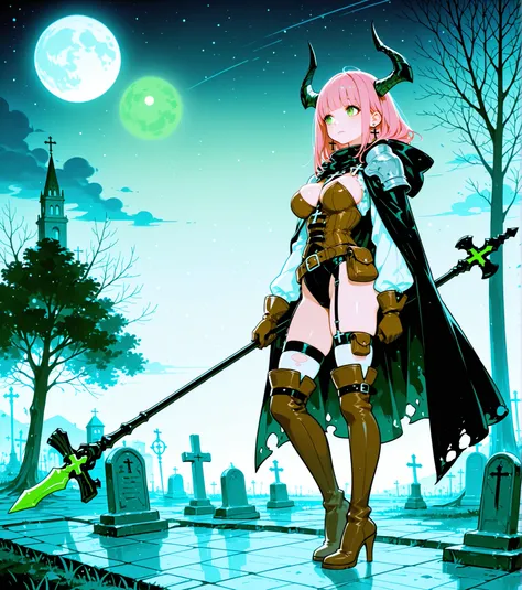 1girl, pink_hair, solo, boots, gloves, thighhighs, holding, staff, green_eyes, long_hair, breasts, horns, jewelry, holding_staff, armor, garter_straps, earrings, moon, brown_gloves, outdoors, shoulder_armor, night, cape, brown_footwear, torn_cape, standing...