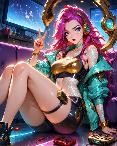 Masterpiece, ultra detailed, 4k resolution, cinematic lighting, dynamic angle, perfect anatomy, natural proportions, expressive faces, realistic shading, smooth ambient occlusion, Kaisa (from the game League of Legends) wearing her arcade skin  with long m...