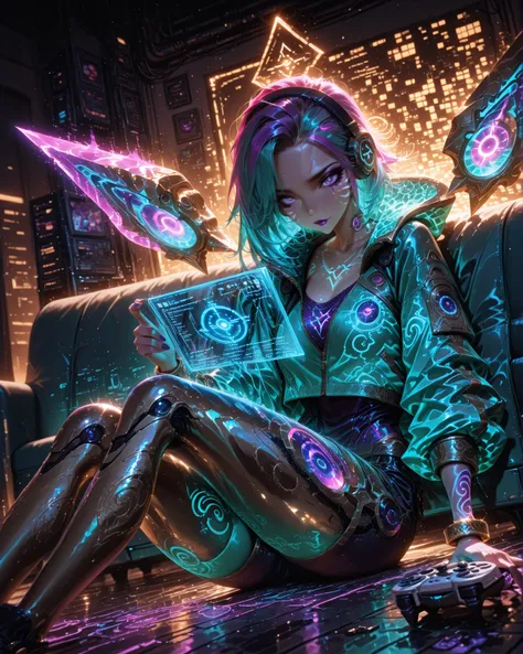 Masterpiece, ultra detailed, 4k resolution, cinematic lighting, dynamic angle, perfect anatomy, natural proportions, expressive faces, realistic shading, smooth ambient occlusion, Kaisa (from the game League of Legends) wearing her arcade skin with long mo...
