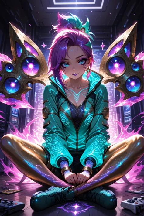 Masterpiece, ultra detailed, 4K resolution, cinematic lighting, soft dynamic angle, perfect anatomy, natural proportions, expressive and emotional face, realistic shading, smooth ambient occlusion. Kaisa (from League of Legends) wearing her Arcade skin, wi...