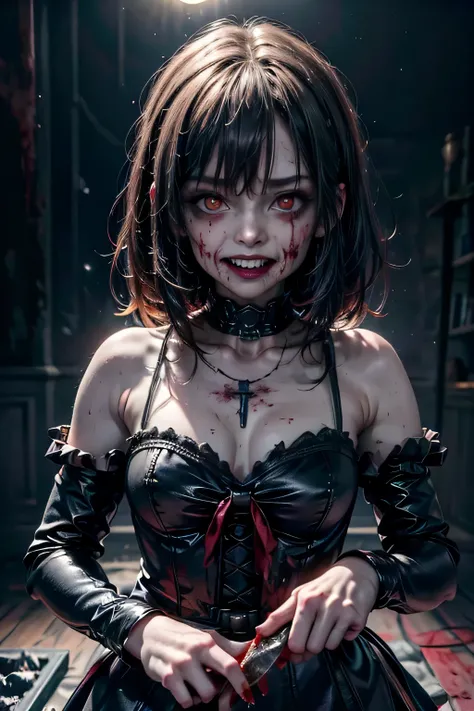 (best quality,4k,highres:1.2),ultra-detailed,realistic,portrait,girl,staring at camera,malevolent grin,exposed teeth,wide smile,bloody butcher knife,background,family,family dead,bloody scene,dark atmosphere,horrifying,dreadful,creepy,vivid colors,sharp fo...