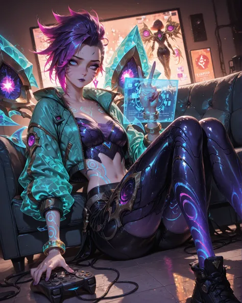 Masterpiece, ultra detailed, 4k resolution, cinematic lighting, dynamic angle, perfect anatomy, natural proportions, expressive faces, realistic shading, smooth ambient occlusion, Kaisa (from the game League of Legends) wearing her arcade skin with long mo...