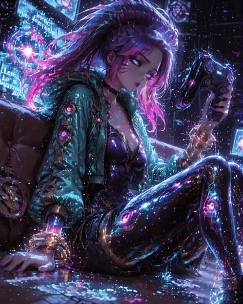 Masterpiece, ultra detailed, 4k resolution, cinematic lighting, dynamic angle, perfect anatomy, natural proportions, expressive faces, realistic shading, smooth ambient occlusion, Kaisa (from the game League of Legends) wearing her arcade skin with long mo...