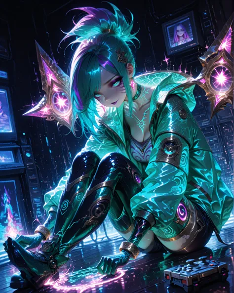 Masterpiece, ultra detailed, 4K resolution, cinematic lighting, soft dynamic angle, perfect anatomy, natural proportions, expressive and emotional face, realistic shading, smooth ambient occlusion. Kaisa (from League of Legends) wearing her Arcade skin, wi...