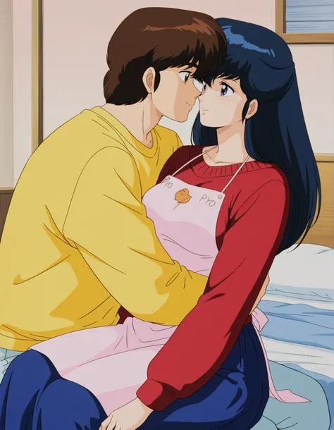 masterpiece, best quality, amazing quality, detailed background, perfect eyes, anime coloring, anime screenshot, 1980s \(style\), 1girl, , mature female, otonashi kyouko, black hair, long hair, , blue eyes, medium breasts, yellow shirt under red sweater, l...