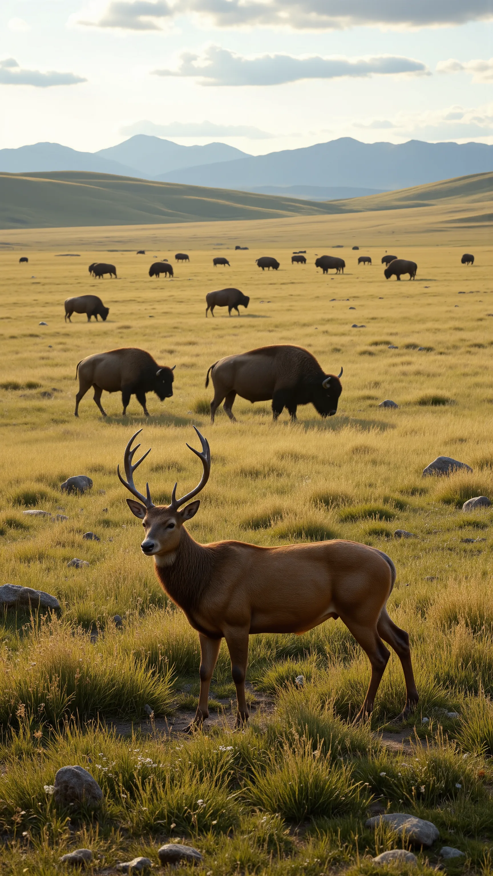 highdefinition images,American red deer living in the plains of アメリカバイソン（バッファロー）、walking on the prairie with Yu々in a group of 4