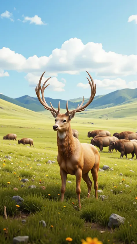 highdefinition images,American red deer living in the plains of アメリカバイソン(バッファロー)、walking on the prairie with Yu々in a group of 4