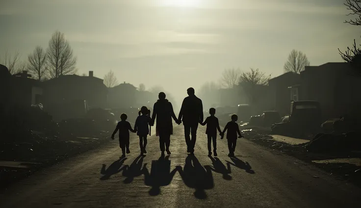 A large family of seven—mother, father, three children, and two grandparents—silhouetted against a ruined suburban landscape. They walk together through a devastated neighborhood: houses collapsed or burned, cars half-buried in ash, toys scattered in the s...