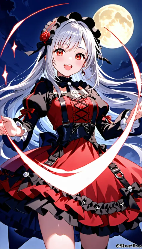 one woman with Misty、Vampires、 Silver Hair、long hair、Red Eyes、tooth、double teeth、red dress、gothic lolita costume、gothic style、night、 full moon、